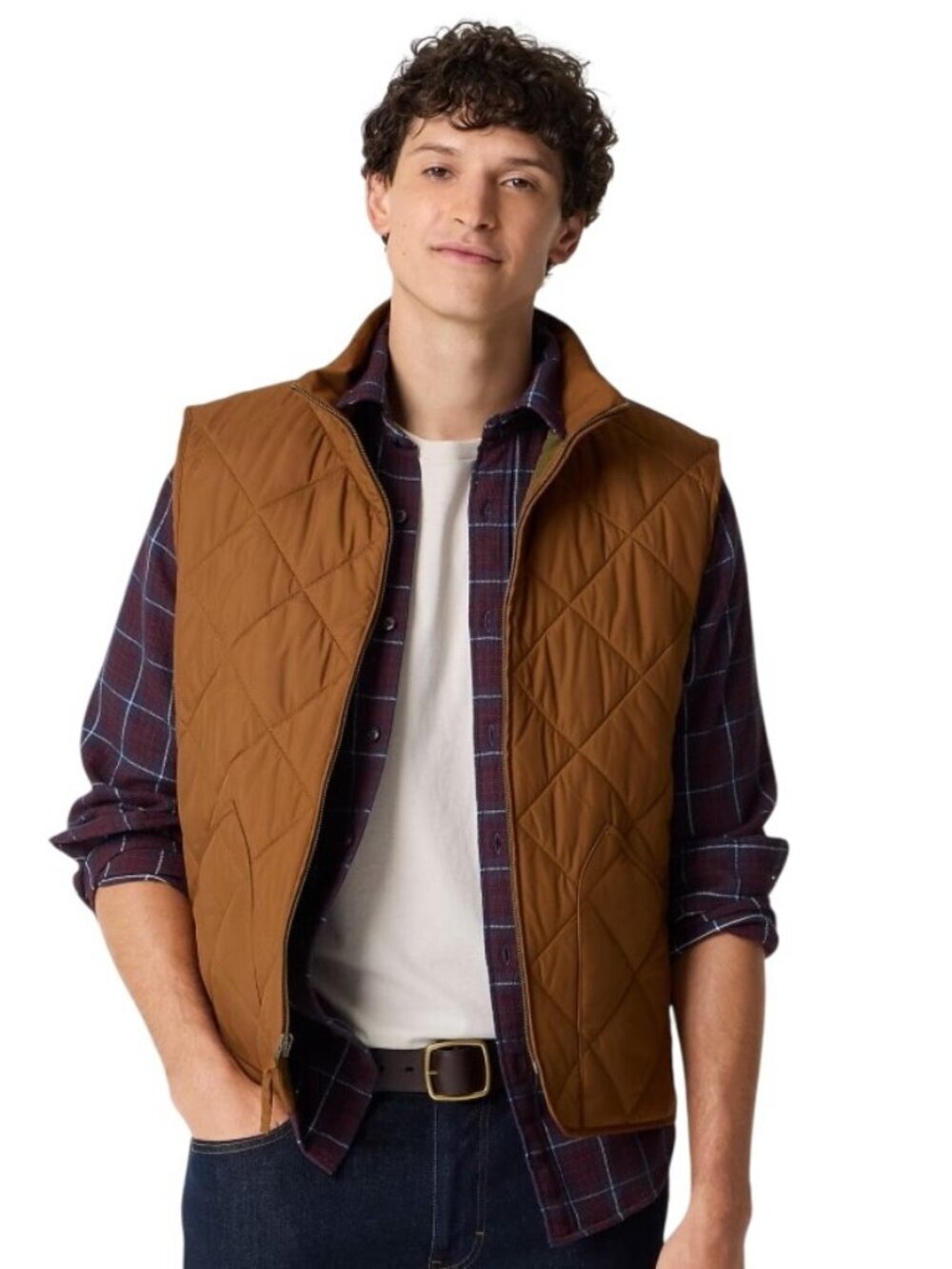 J.Crew Mens Quilted Tan walking Vest Zip Front & Pockets Lightweight Outerwear L